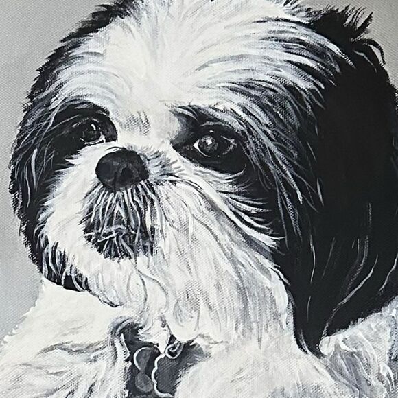 Shih Tzu Dog Puppy Artist Signed Painting Portrait Black Frame 15”x18” Eclectic - Picture 10 of 11
